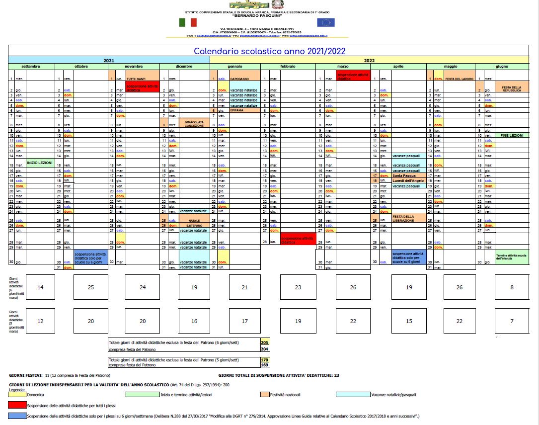 CALENDARIO SCOLASTICO - Istituto Comprensivo Statale Bernardo Pasquini